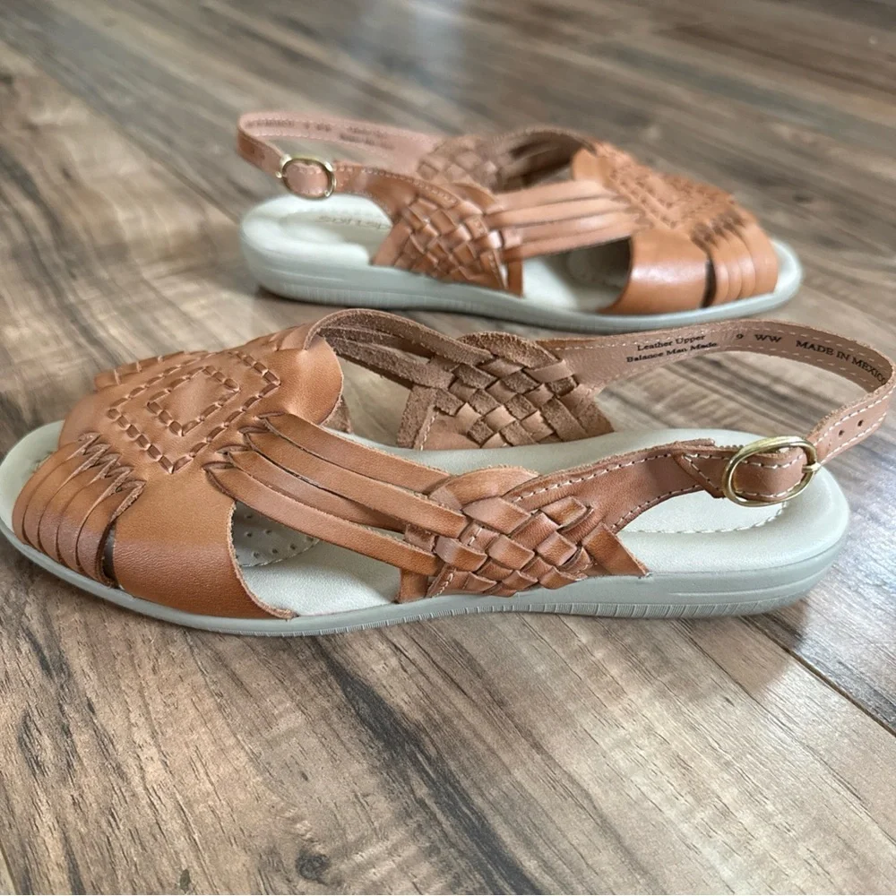 Softspots Women's Size 9W Cognac Tan Woven Braided Leather Huarache Sandals Shoe - Picture 2 of 10